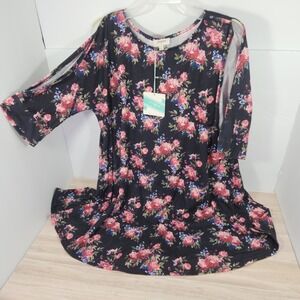 Umgee Black Floral‎ Round Neck Tunic Top/Mini Dress  Women's Medium *Pockets*